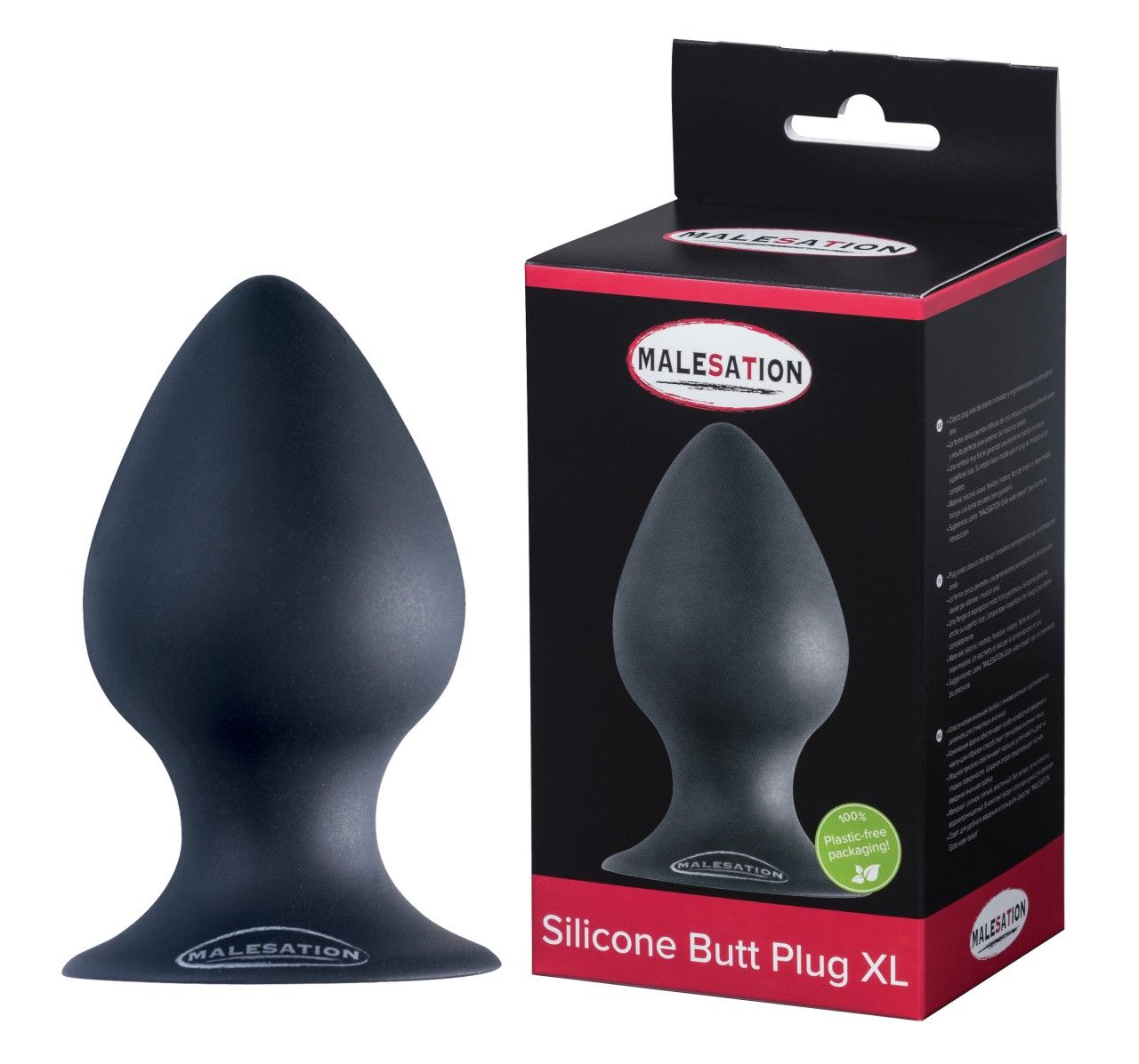 Dunkelblauer Silikon-Butt Plug. Neben Produktverpackung mit Logo und Produktbezeichnung: Silicone Butt Plug XL.