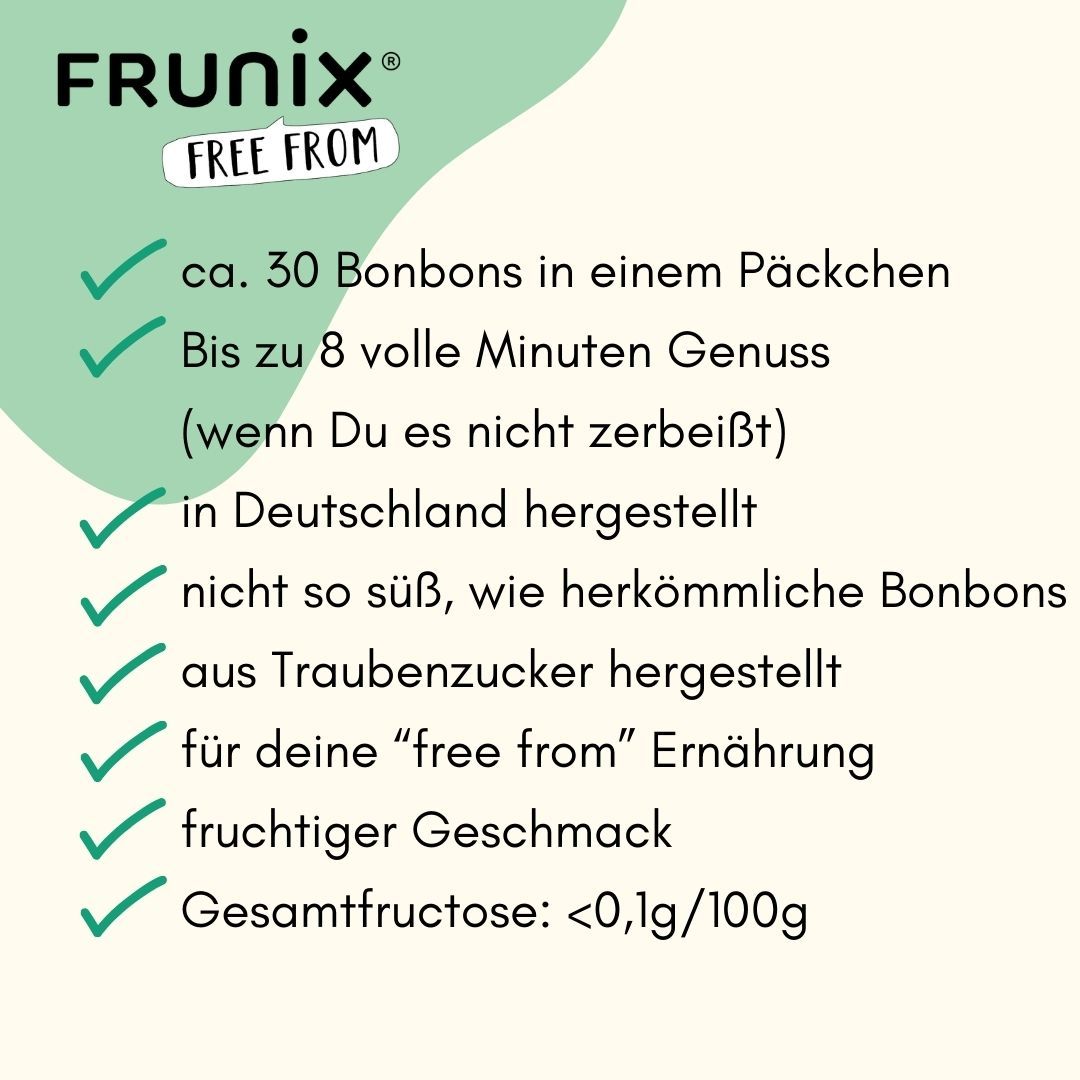 Text mit Produktinformationen. Ca. 30 Bonbons pro Packung, bis zu 8 Minuten Genuss, hergestellt in Deutschland, fruchtiger Geschmack.