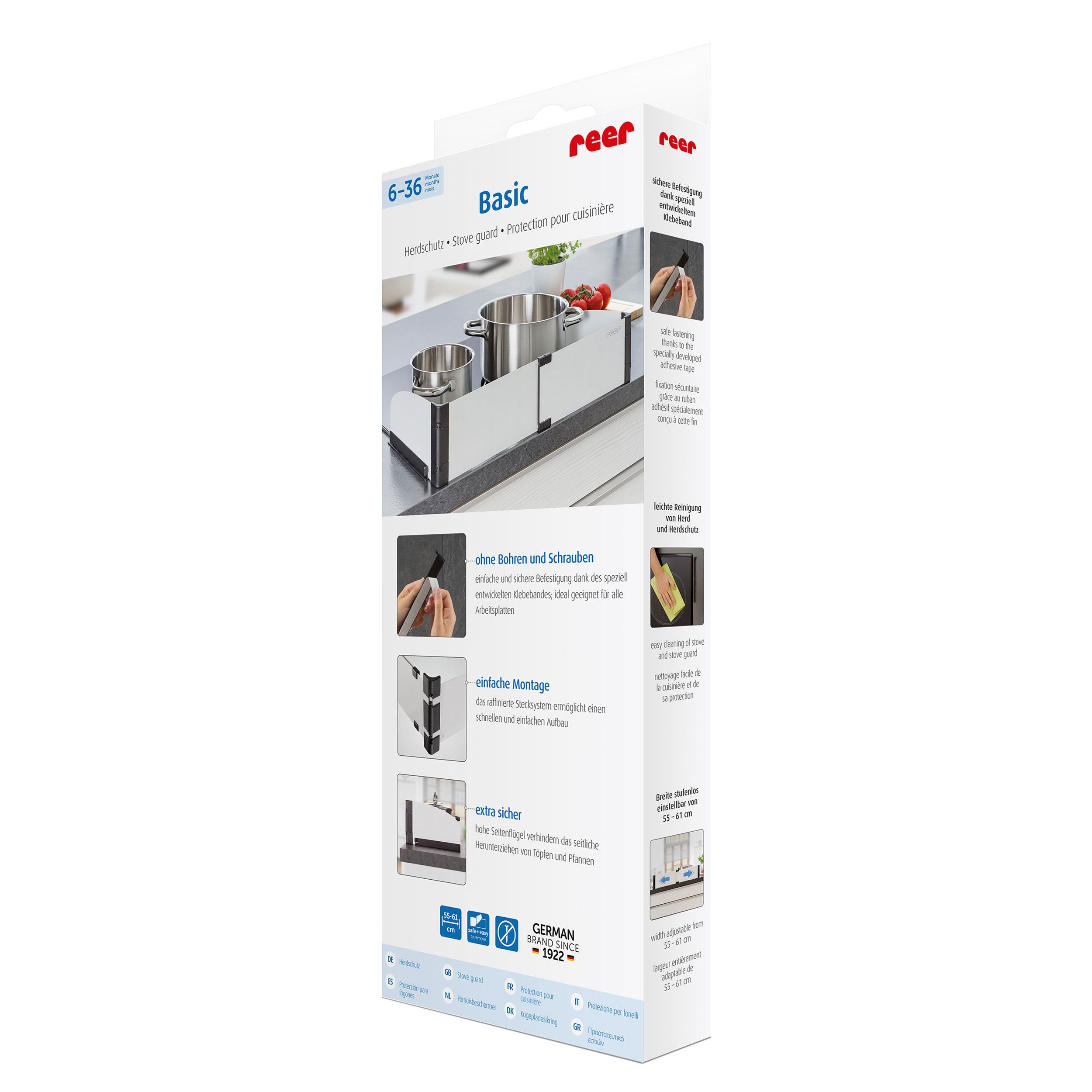 Verpackung von reer Herdschutz Basic. Enthält Produktabbildung und Produktinformationen. Logo und Zertifizierungen.
