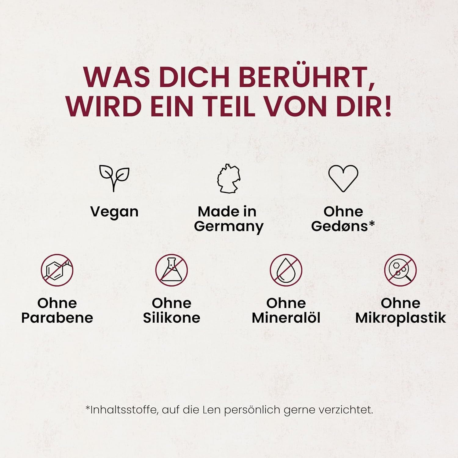 Symbole für Vegan, Made in Germany, Ohne Gedøns, Ohne Parabene, Ohne Silikone, Ohne Mineralöl, Ohne Mikroplastik.