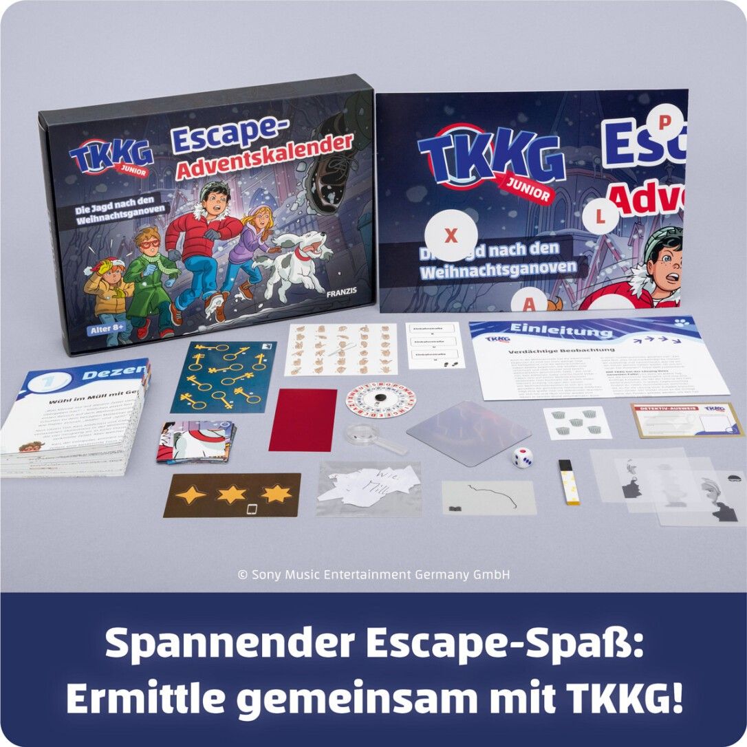 Adventskalender-Box und Inhalt: Karten, Spielbrett, Würfel, CD, Sticker. Titel: Escape-Adventskalender. TKKG Junior.