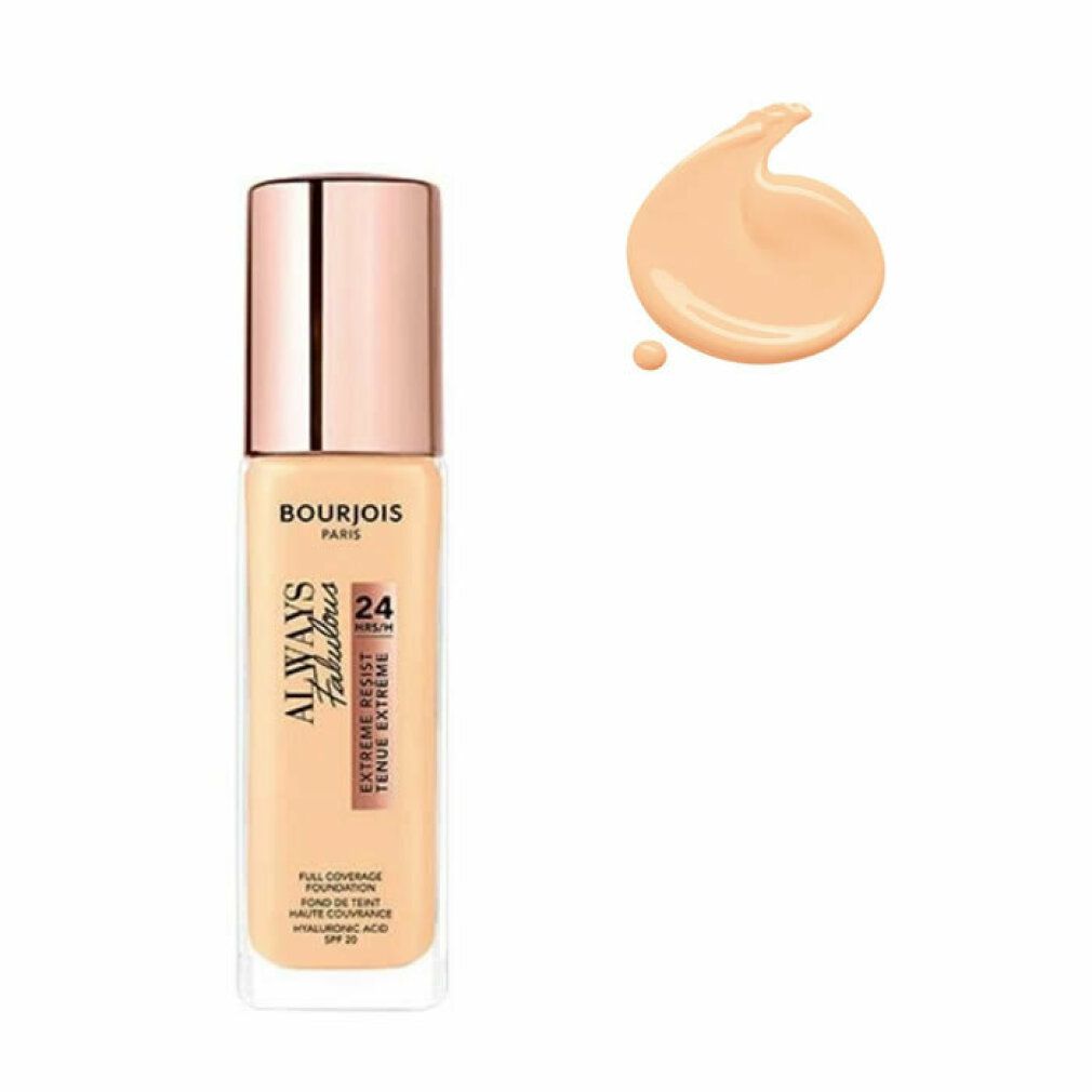 Bourjois Always Fabulous Foundation-Flakon mit roségoldenem Deckel. Daneben Make-up-Tropfen.