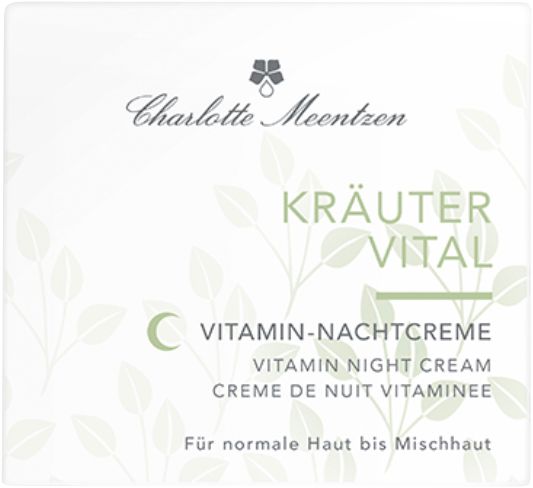 Produktverpackung mit Schriftzug Charlotte Meentzen, Kräutervital Vitamin-Nachtcreme. Text in Deutsch, Englisch und Französisch.