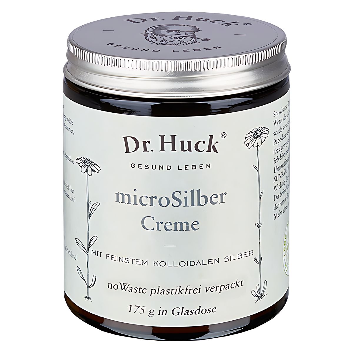 Pot en verre avec couvercle argenté et inscription Dr. Huck microSilber Creme. Illustrations florales.