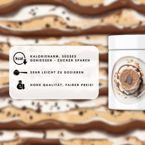 Weißes Produktgebinde mit Aufschrift. Text: Kalorienarm, süßes genießen, Zucker sparen. Sehr leicht zu dosieren. Hohe Qualität, fairer Preis!
