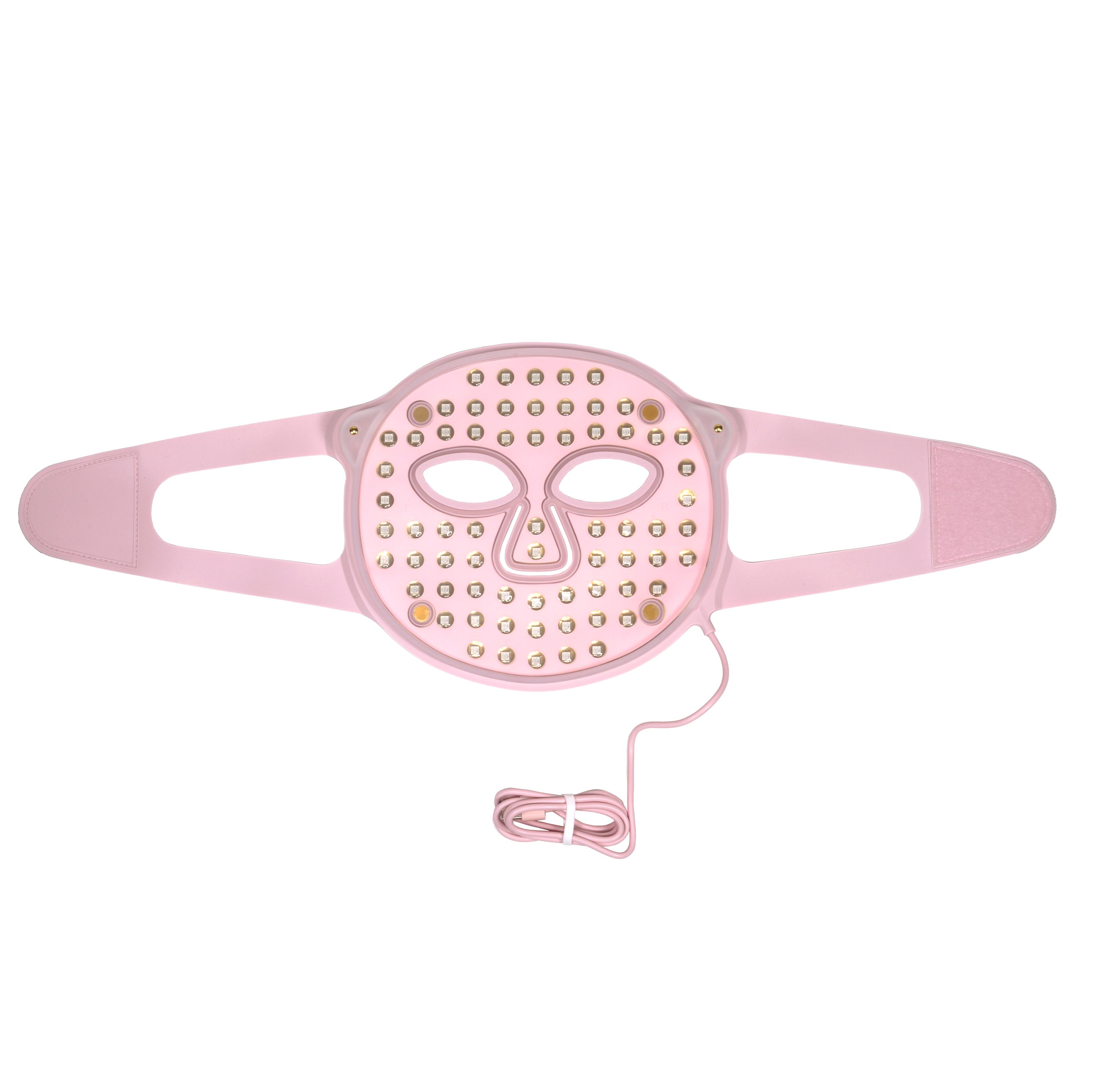 Rosa LED-Gesichtsmaske mit Löchern und Kabel. Für Augen, Nase und Mund ausgeschnitten. Mit verstellbaren Bändern.