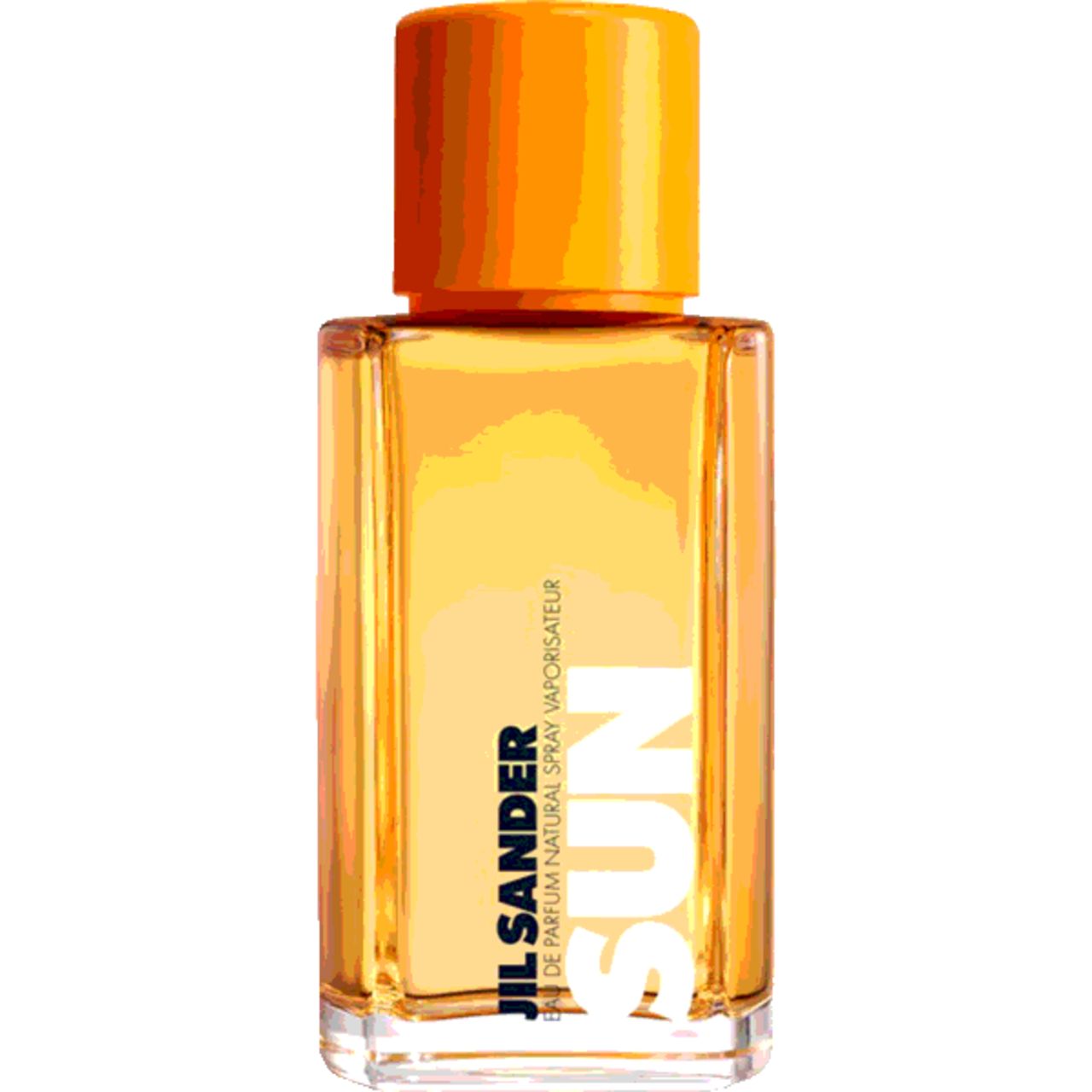 Rechteckiger Flakon mit orangefarbenem Verschluss. Aufschrift SUN und JIL SANDER. Flüssigkeit orange.