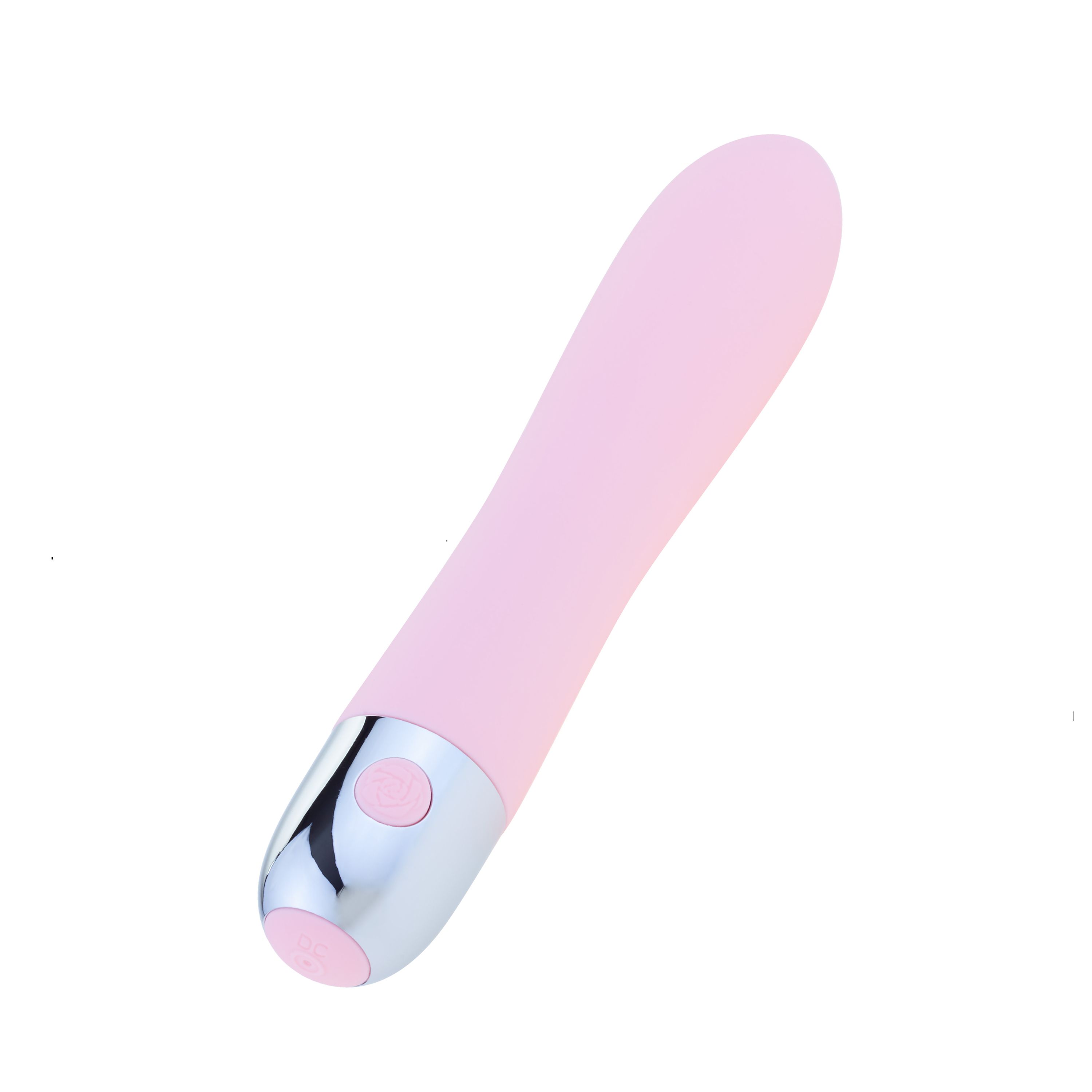 Rosa Vibrator mit abgerundetem Kopf. Silberfarbener Sockel mit Knopf.