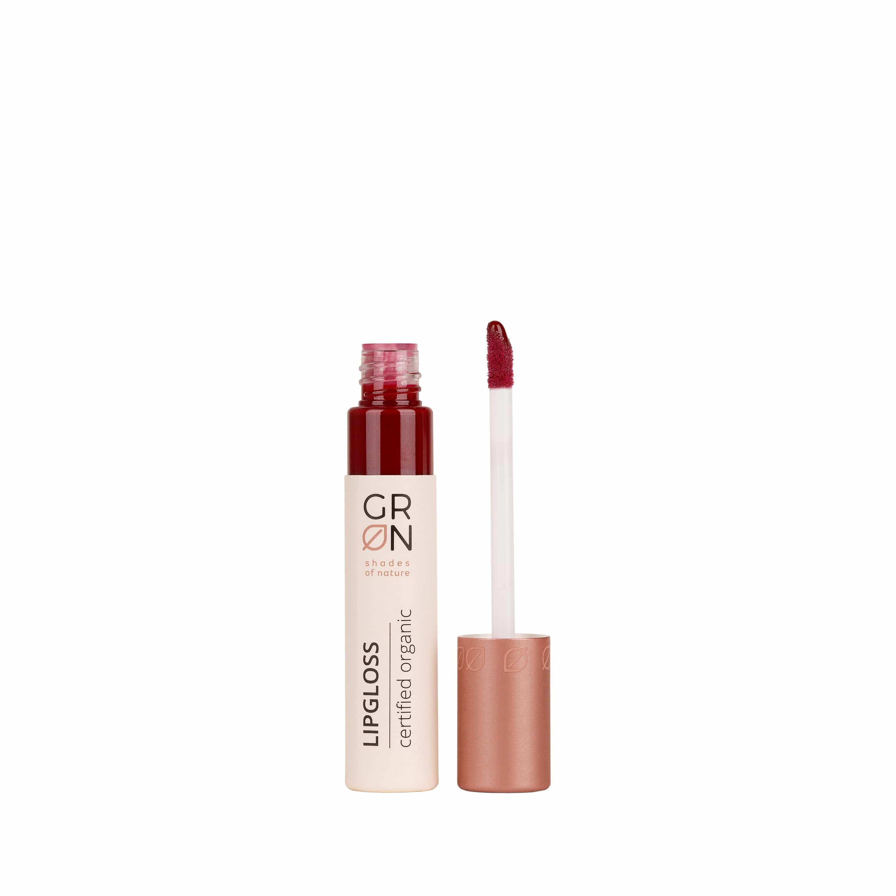 GRN Lipgloss, offene Tube mit Applikator. Aufschrift: LIPGLOSS, certified organic. Farbton: Rot.