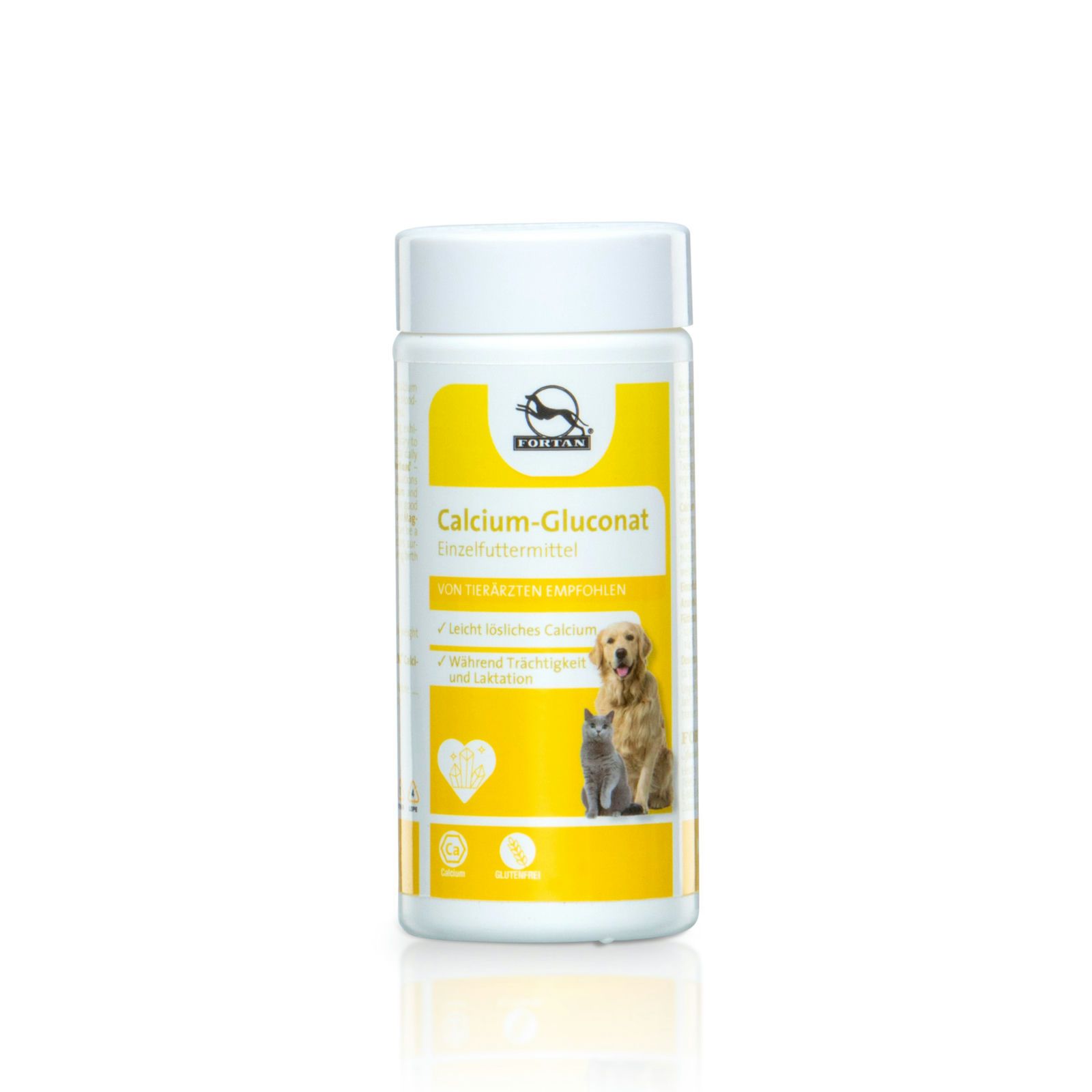 Weiße Dose mit gelbem Etikett. Aufschrift: FORTAN Calcium-Gluconat. Abbildung von Hund und Katze. Enthält Calcium.
