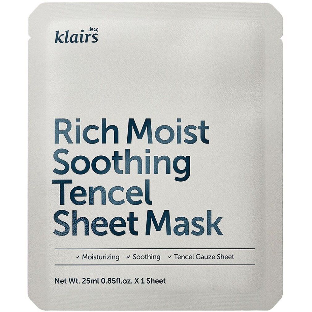 Klairs Rich Moist Soothing Tencel Sheet Mask Einzelverpackung mit Produktinformationen.