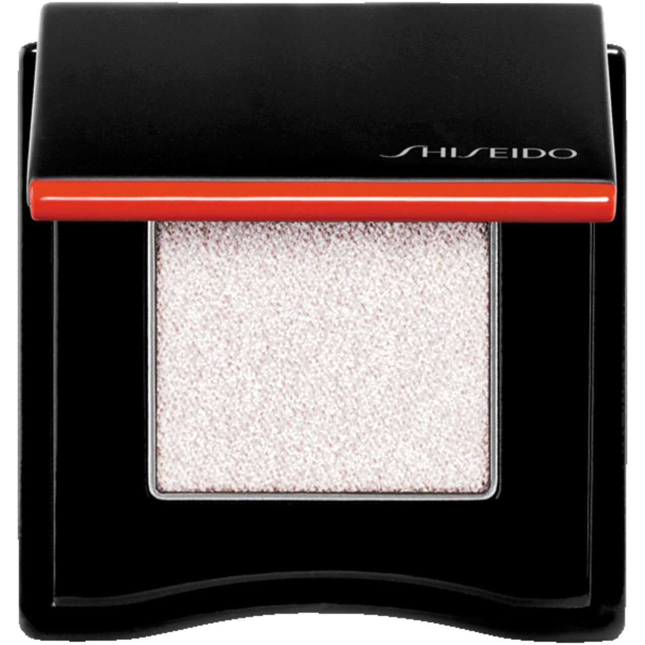 Schwarzer, quadratischer Lidschattenbehälter mit rotem Akzent und dem Schriftzug SHISEIDO. Der Lidschatten ist hell.