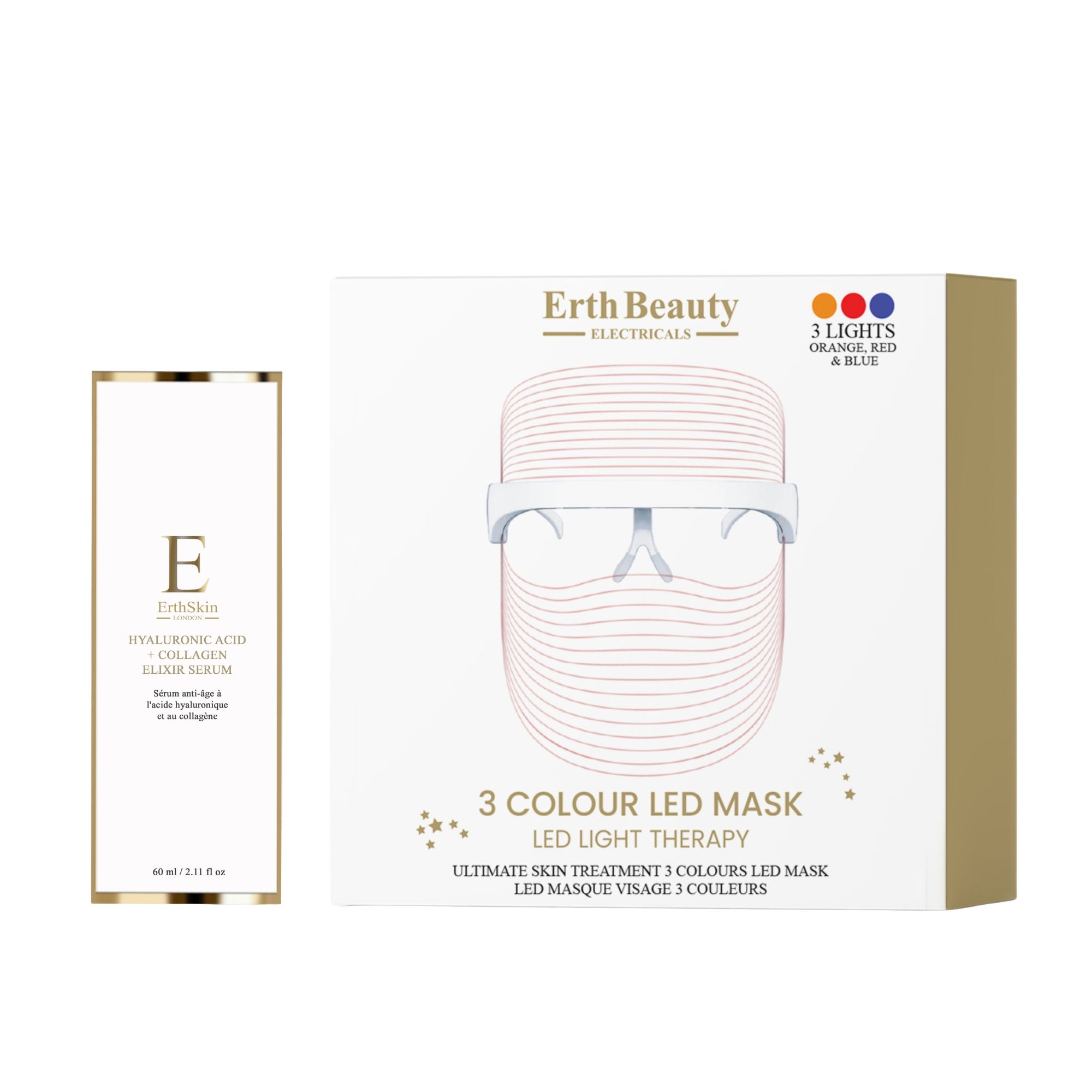 Erth Beauty 3-Farben LED-Maske und Hyaluronsäure-Kollagen-Elixier-Serum.