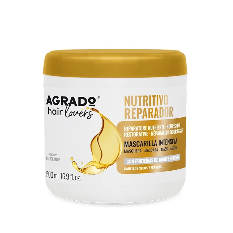 Agrado Hair Lovers Nutritivo Reparador Haarmaske in weißem Tiegel mit goldenem Deckel. 500 ml.