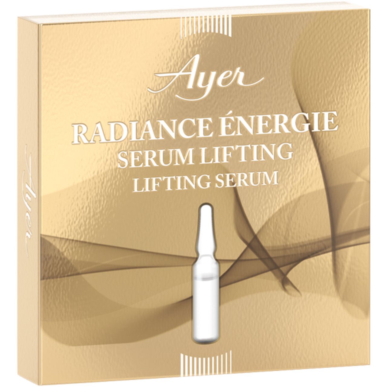 Verpackung Ayer Radiance Énergie Serum Lifting Lifting Serum. Goldfarben, mit Ampulle. Produktname sichtbar.