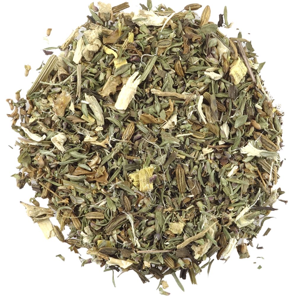 Haufen loser Kräuter, verschiedene Grün- und Brauntöne, auf weißem Hintergrund.