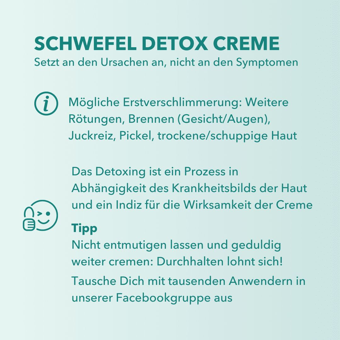 Text: Schwefel Detox Creme. Text: Setzt an den Ursachen an, nicht an den Symptomen. Informationen zu möglichen Erstverschlimmerungen und Tipps.