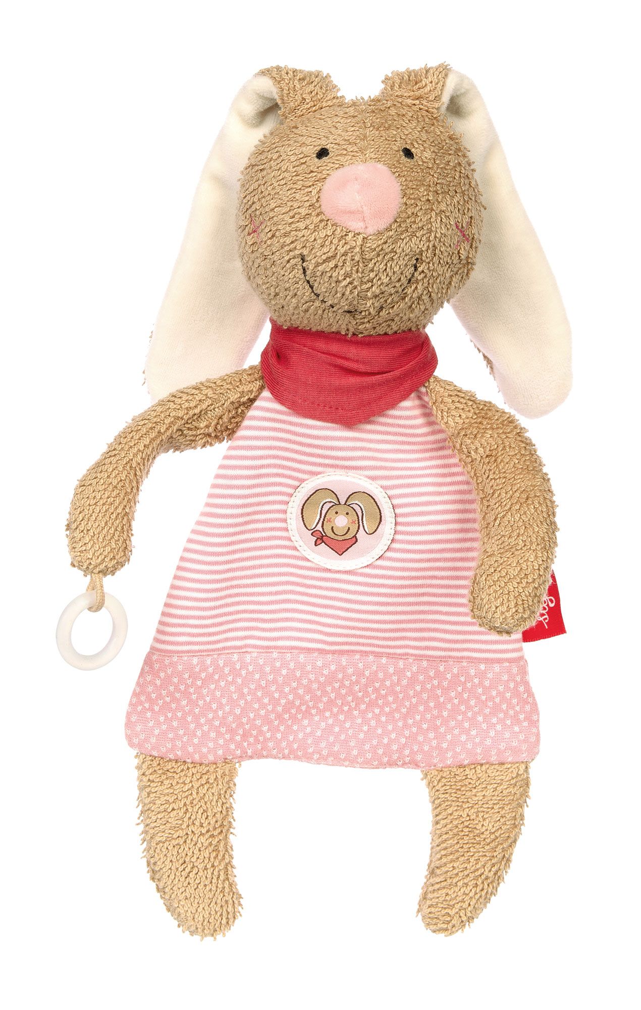 Ein Stofftier, ein Hase mit braunem Fell, rosa Nase, rotem Halstuch und rosa gestreiftem Kleid. Mit Anhänger.