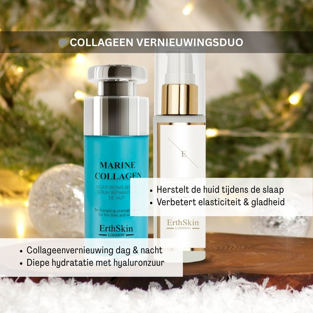 ErthSkin London Kollagenverniewingsduo: Marine Collagen Night Repair Serum und Hyaluronic + Collagen Elixir Serum.