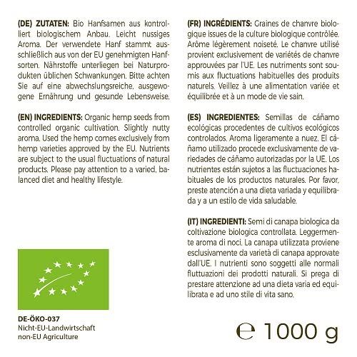 Etikett mit Zutaten und Informationen zu Bio Hanfsamen. Text: Bio Hanfsamen, Organic Hemp Seeds. EU-Öko-Logo.