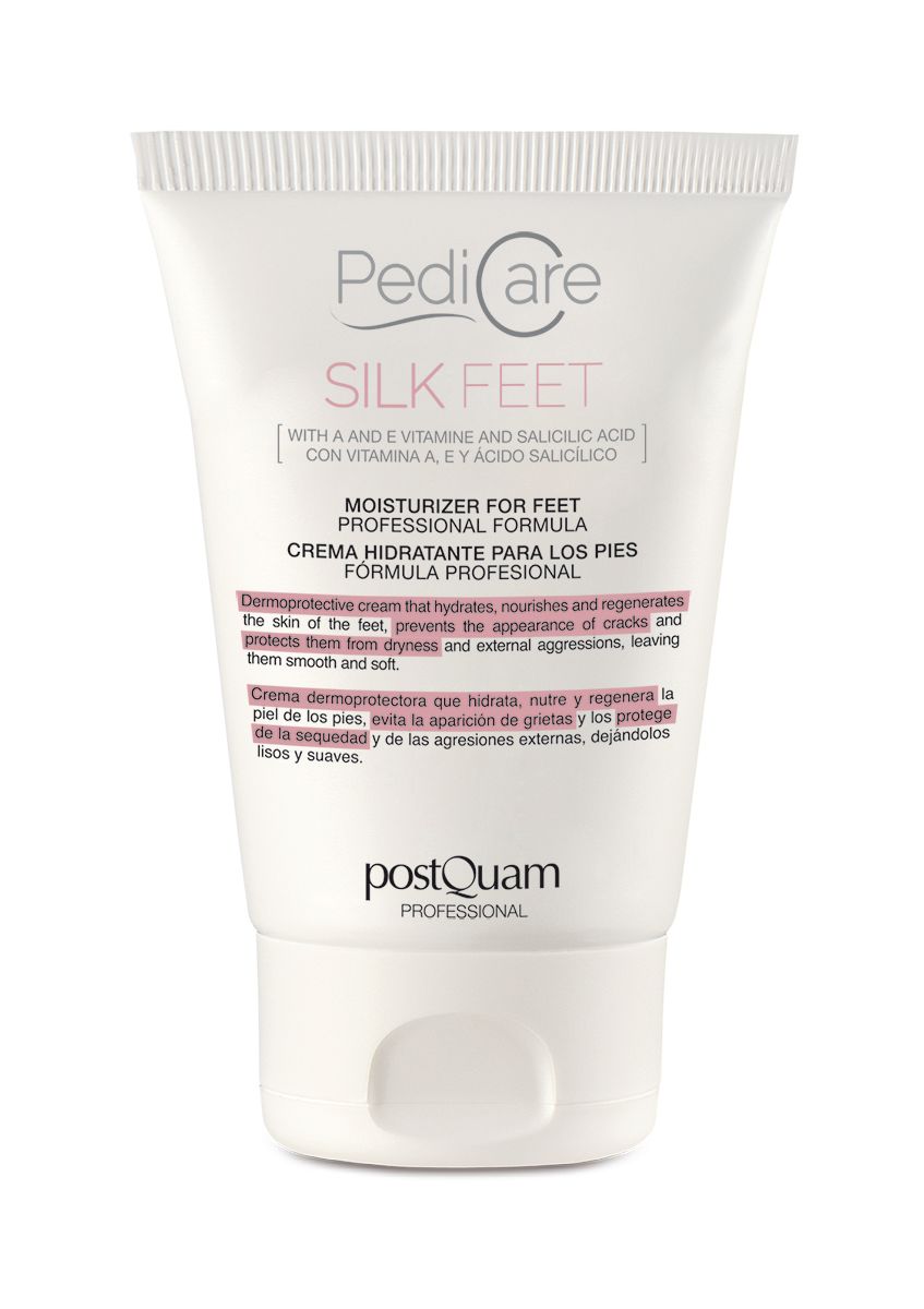 Weiße Tube mit Aufschrift 'PediCare Silk Feet'. Text in Englisch und Spanisch. 'Postquam' Logo unten.
