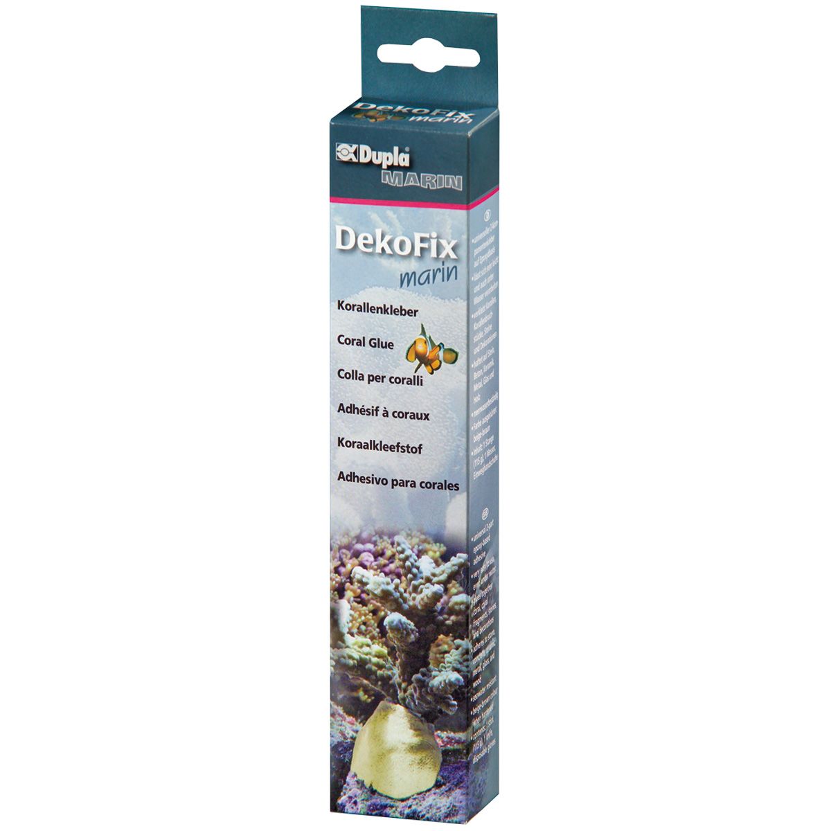 Verpackung mit Produktnamen DekoFix marin. Mehrsprachige Beschriftung: Korallenkleber, Coral Glue, Colla per coralli, Adhésif à coraux, Koraalkleefstof, Adhesivo para corales.