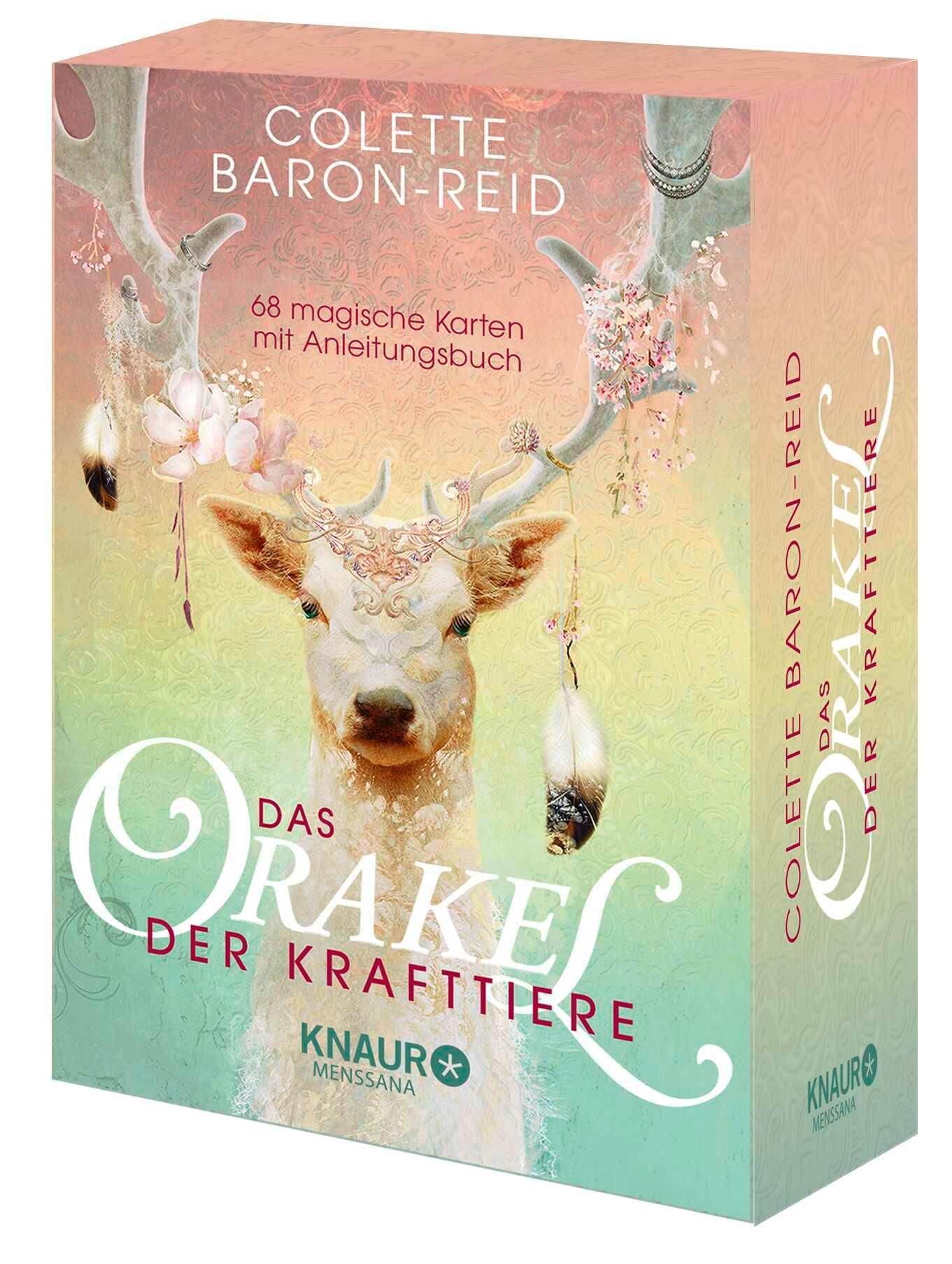 Buchbox mit dem Titel "Das Orakel der Krafttiere". Auf der Vorderseite ist ein Hirsch mit Geweih abgebildet. Der Titel und der Autor sind sichtbar.