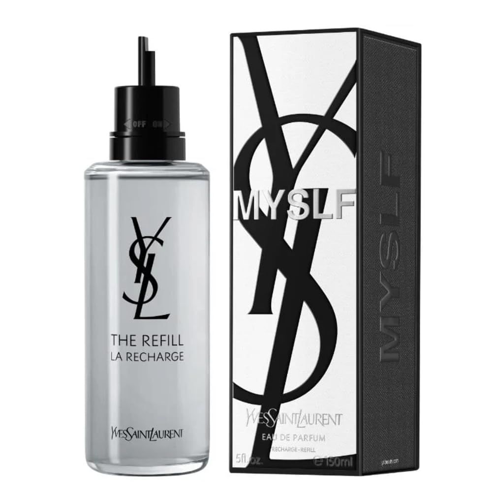 Nachfüllflasche und Verpackung. Flasche mit schwarzem Verschluss und Logo. Verpackung mit Logo und Schriftzug MYSLF. Eau de Parfum.
