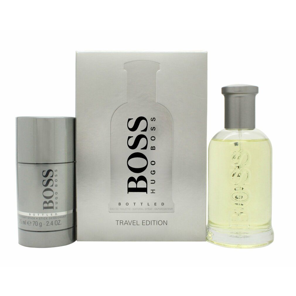 Geschenkset mit Deodorant-Stick, Flakon und Verpackung. Auf der Verpackung steht "BOSS" und "Bottled Travel Edition".