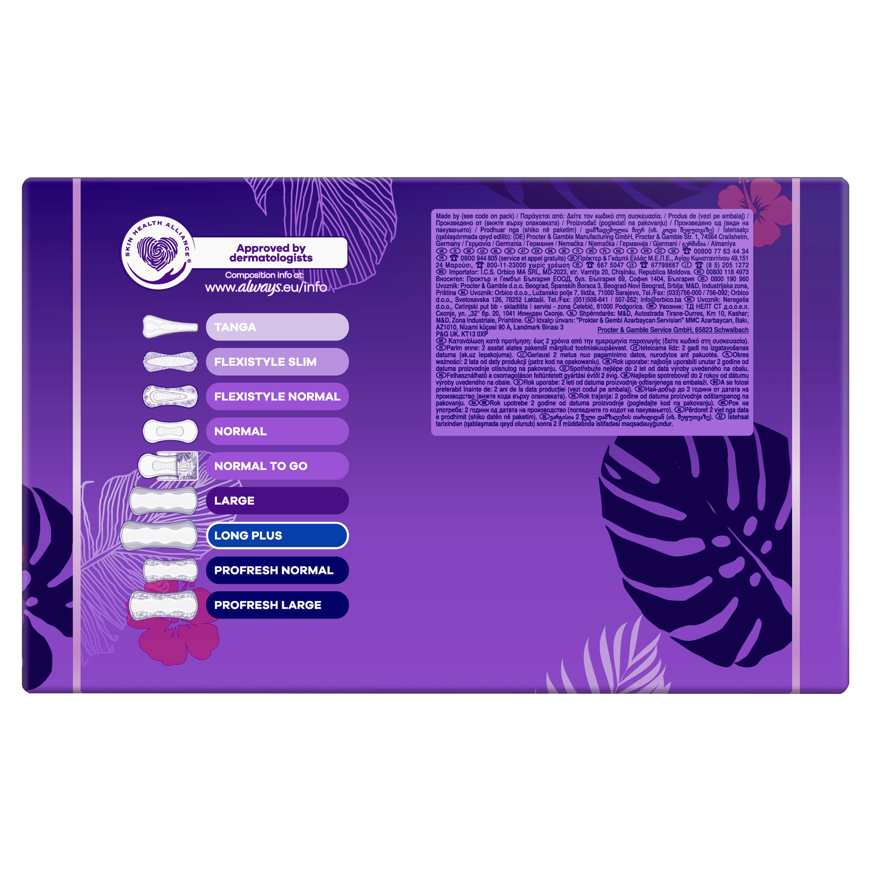 Rückseite der Always Slipeinlagen-Verpackung. Übersicht über Modelle, Text, Logo und Zertifizierungen.