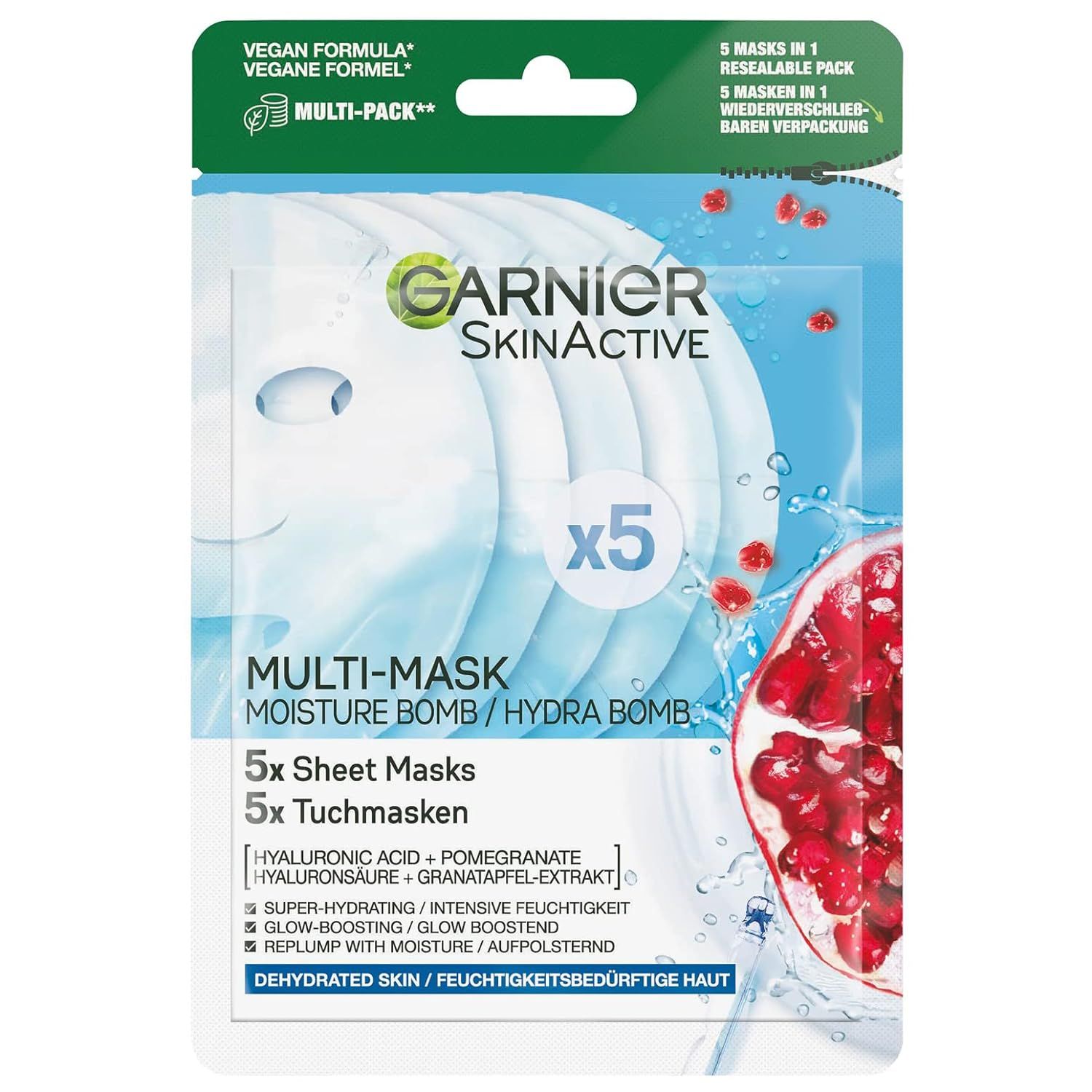 Garnier Feuchtigkeitsspendende Tuchmasken für trockene Haut, Mit Hyaluronsäure und Granatapfel