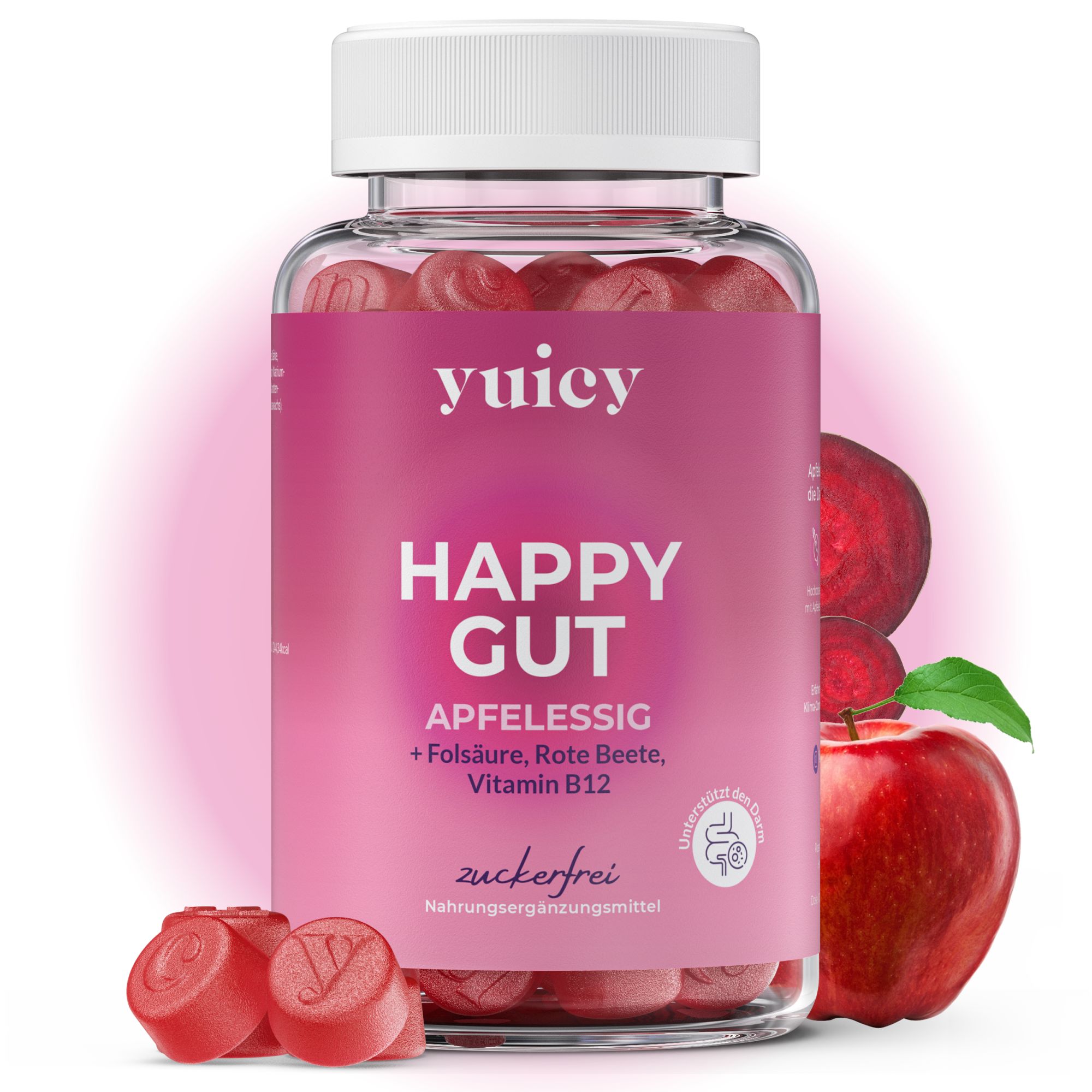 Eine Flasche yuicy® Happy Gut Gummies. Rote Gummies, Apfel und Rote Bete. Aufschrift: Apfelessig, Folsäure, Vitamin B12, zuckerfrei.