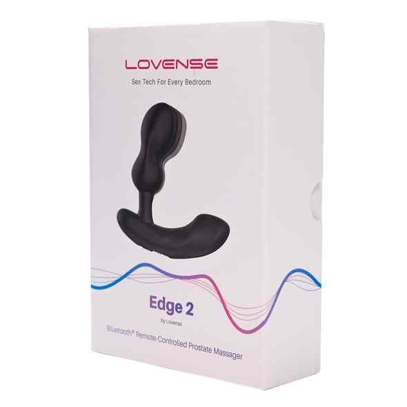 Verpackung des Prostata-Massagegeräts Edge 2 von Lovense. Weißer Karton mit Produktbild. Text: Edge 2, Bluetooth.