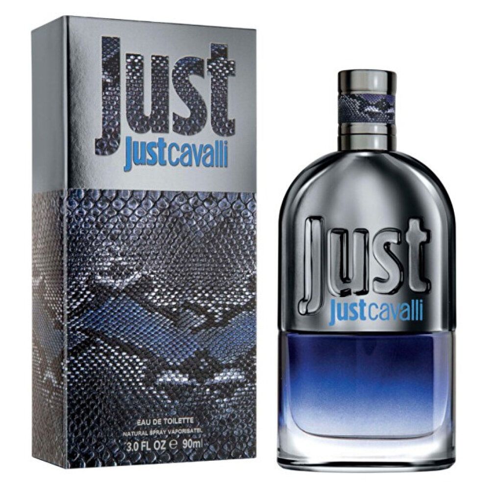 Flasche und Verpackung von Roberto Cavalli Just Cavalli Him Eau de Toilette Spray.
