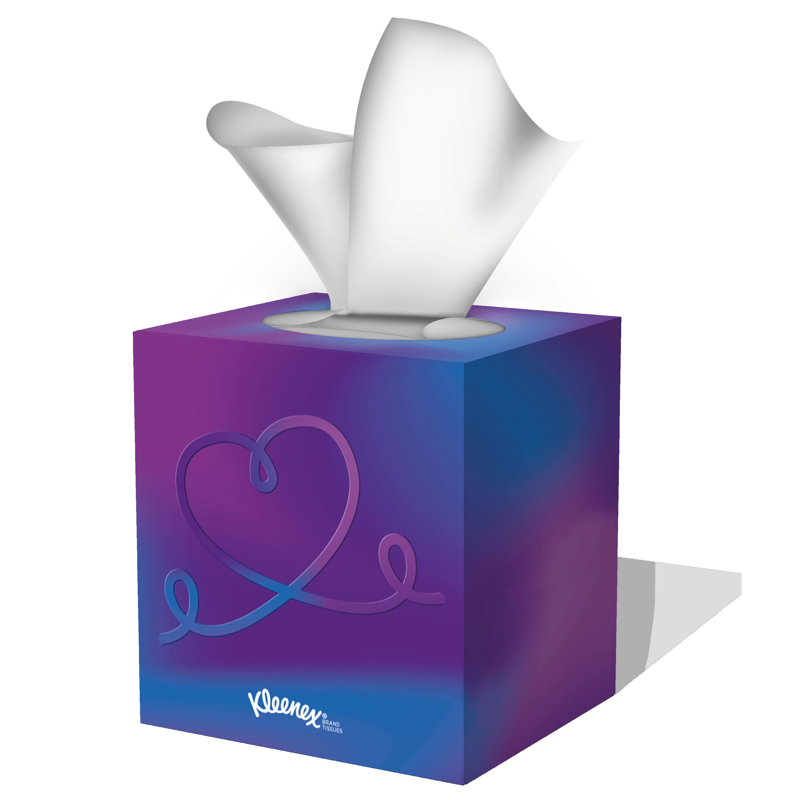 Kleenex Box mit Taschentüchern. Herzmotiv. Taschentücher ragen heraus. Kleenex-Logo. Quadratische Form.