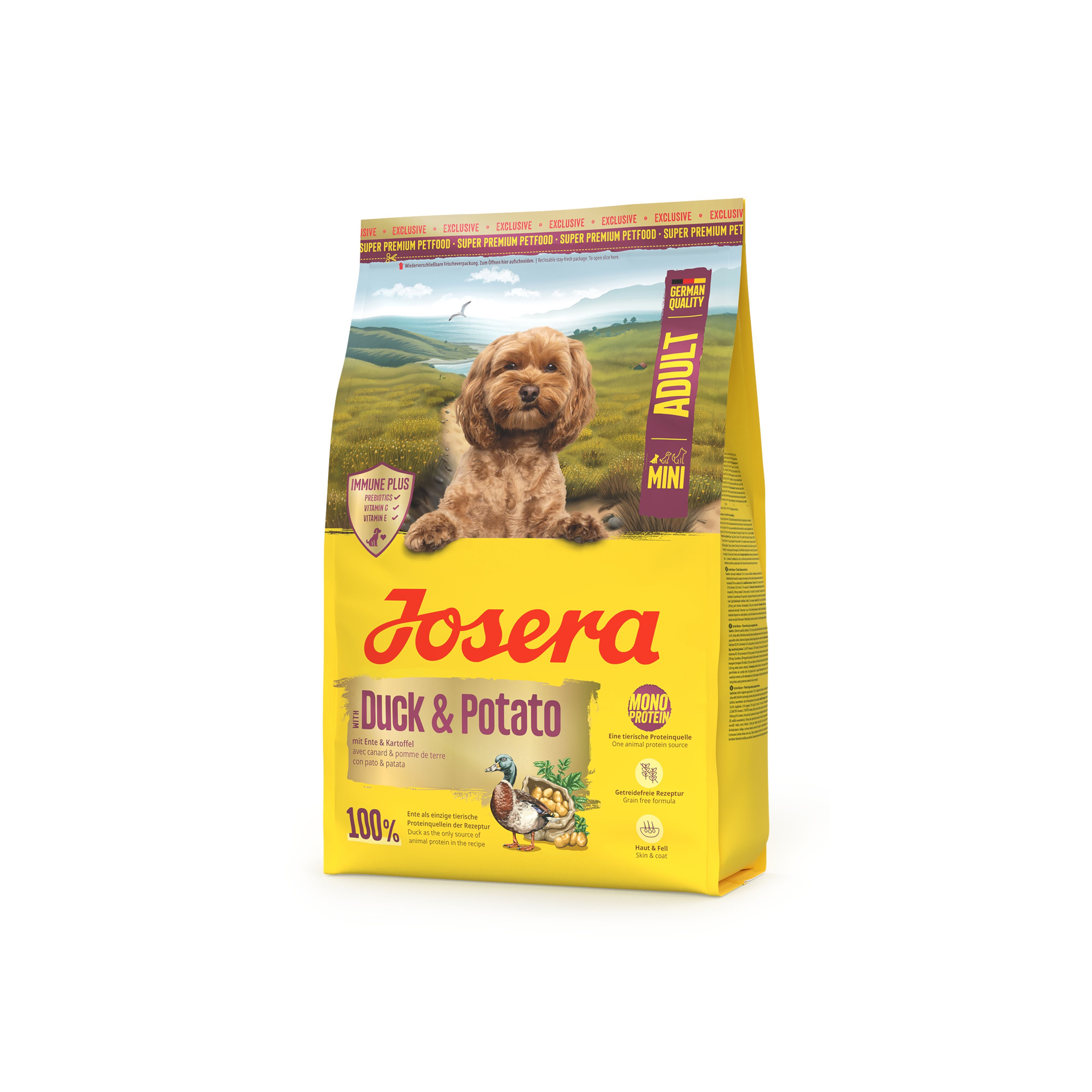 Gelbe Verpackung mit Produktnamen JOSERA Mini Adult Duck & Potato. Abbildung eines Hundes, Ente und Kartoffel.