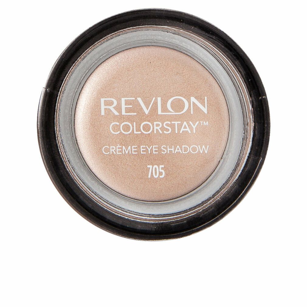Creme-Lidschatten in runder Dose. Aufschrift: Revlon Colorstay Creme Eye Shadow 705. Beige Farbton.