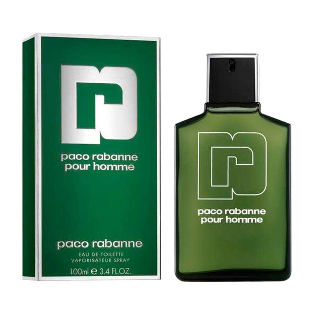 Grüne Flasche und Verpackung von Paco Rabanne Pour Homme. Logo und Schriftzug in Weiß. Eau de Toilette.