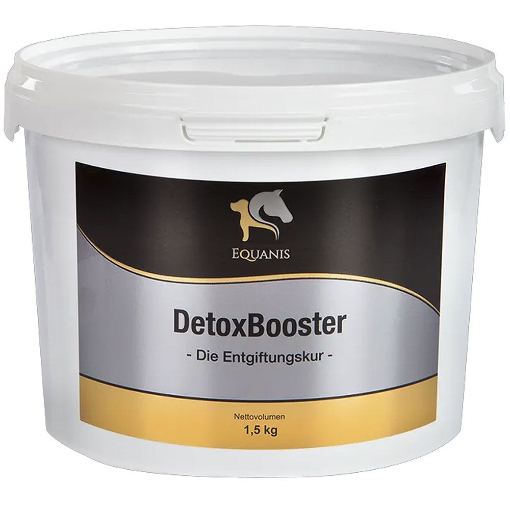Weißer Eimer mit schwarzem Etikett. Darauf Logo, Schriftzug "DetoxBooster" und "Die Entgiftungskur". Nettovolumen 1,5 kg.