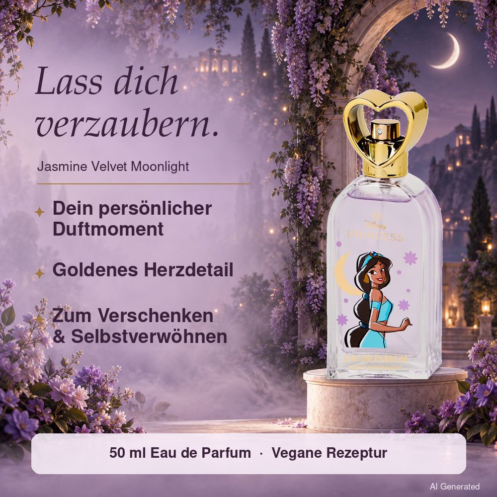 Disney Princess Jasmine Velvet Moonlight Eau de Parfum mit Text und Dekoration.