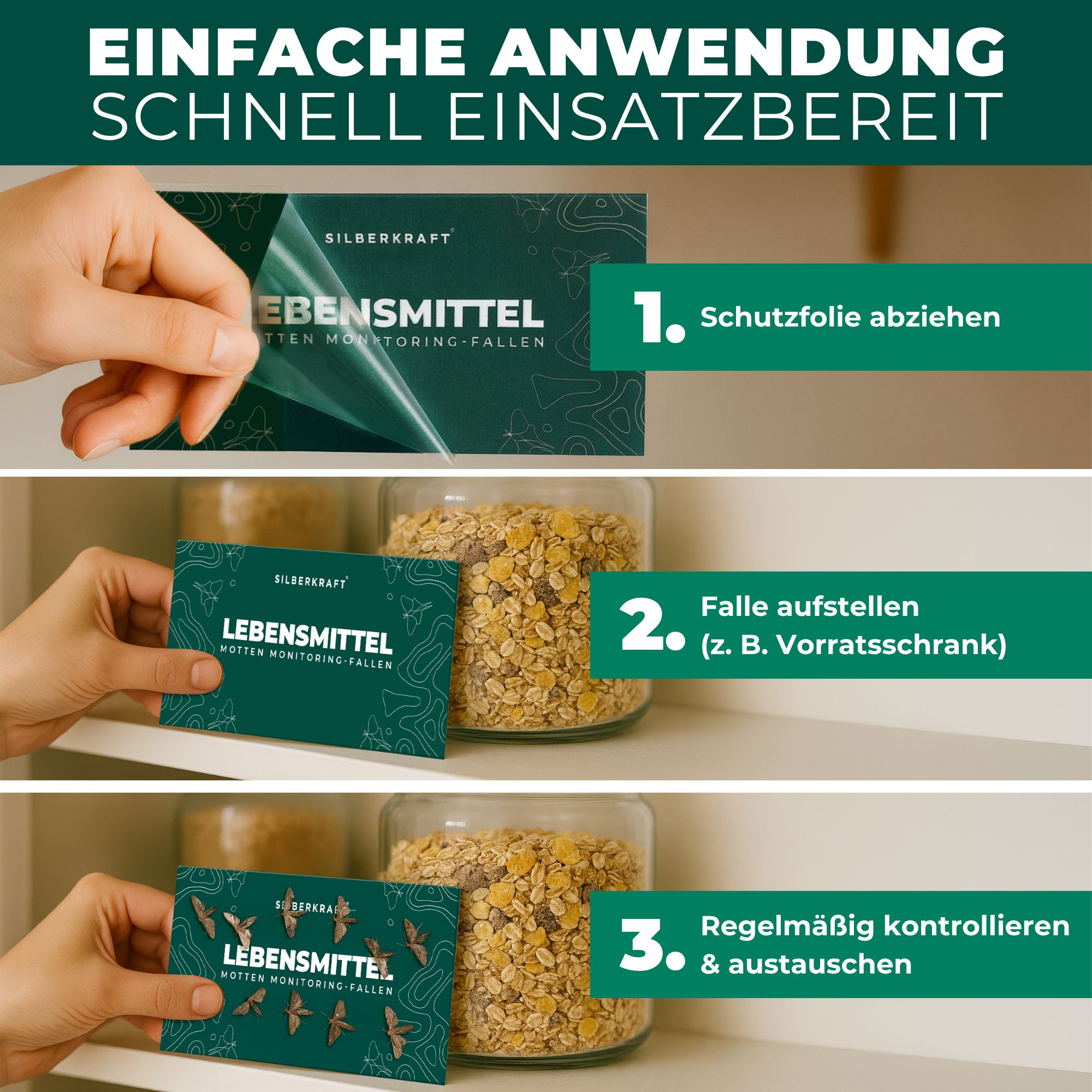 Produktabbildung mit Anwendungsschritten. Text: Einfache Anwendung, schnell einsatzbereit. Schutzfolie abziehen, Falle aufstellen, kontrollieren.