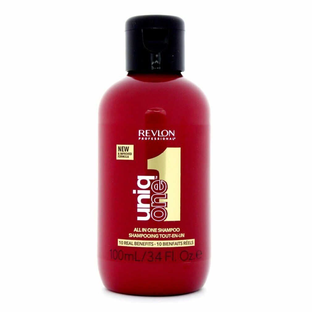 Rote Flasche Revlon Uniq One Shampoo mit schwarzem Pumpspender, 100ml.