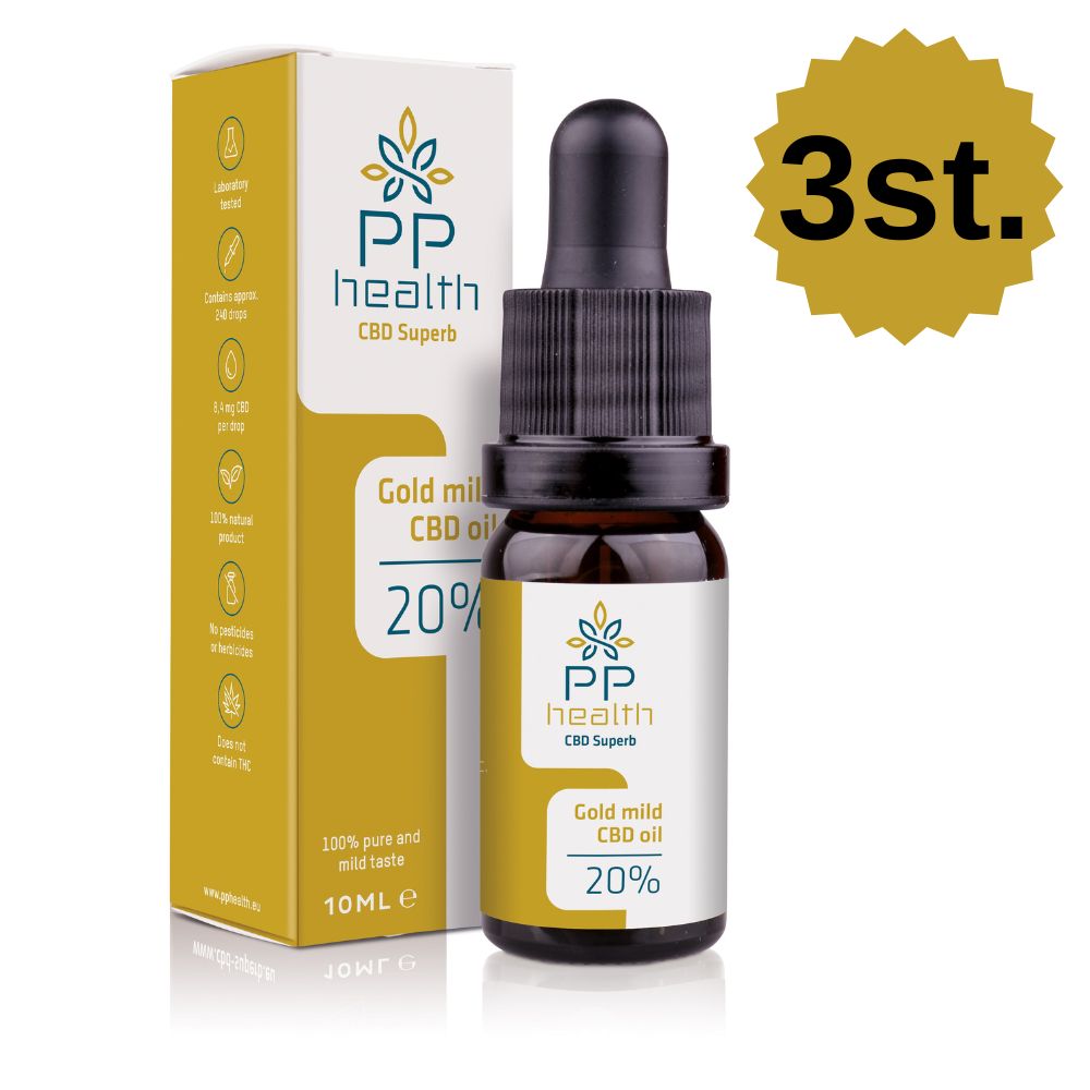 Braune Glasflasche mit Pipette und gelber Verpackung. Aufschrift: PP health CBD oil 20%. Gold mild.