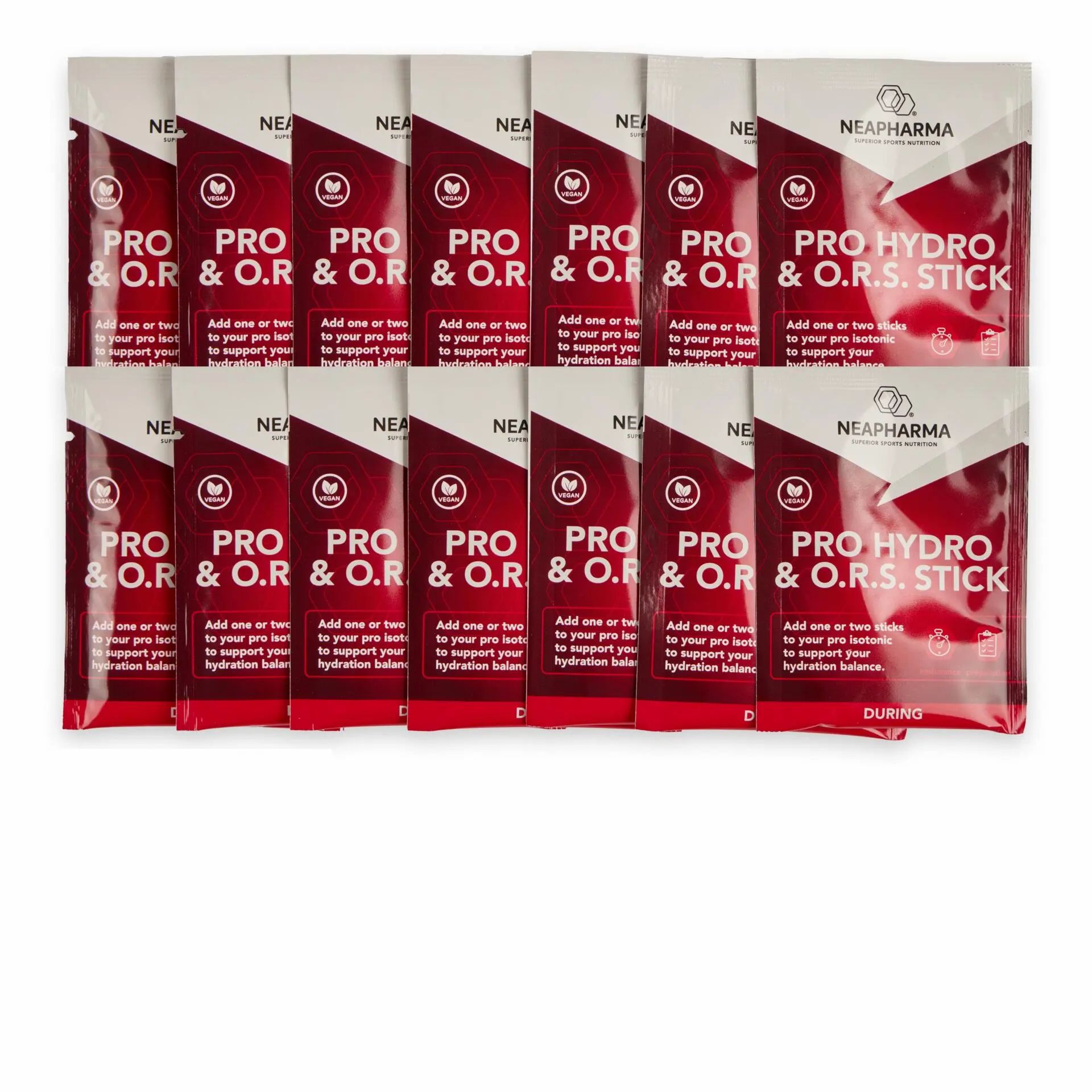 Mehrere Beutel mit roter und weißer Verpackung. Aufschrift: PRO HYDRO & O.R.S. STICK. Marke: NEAPHARMA.