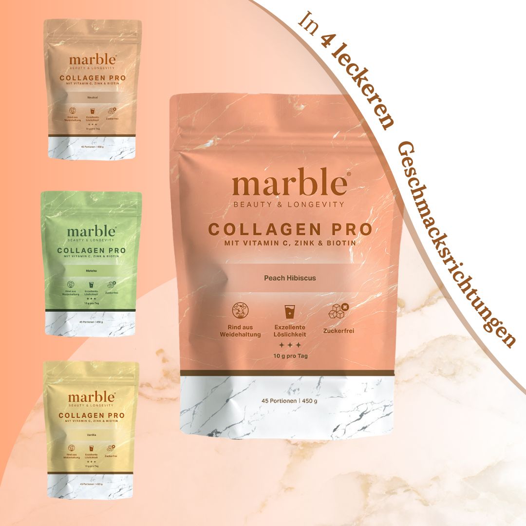 marble© Collagen Pro in 4 Geschmacksrichtungen. Verpackung mit Text: Collagen Pro, Peach Hibiscus, Vitamin C, Zink & Biotin.