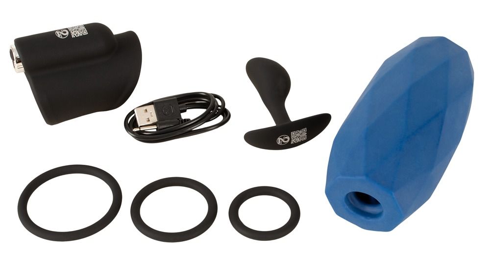 Magic Shiver Zubehör: Blaue Hülse, schwarzer Plug, drei Ringe, Ladeeinheit und USB-Kabel.