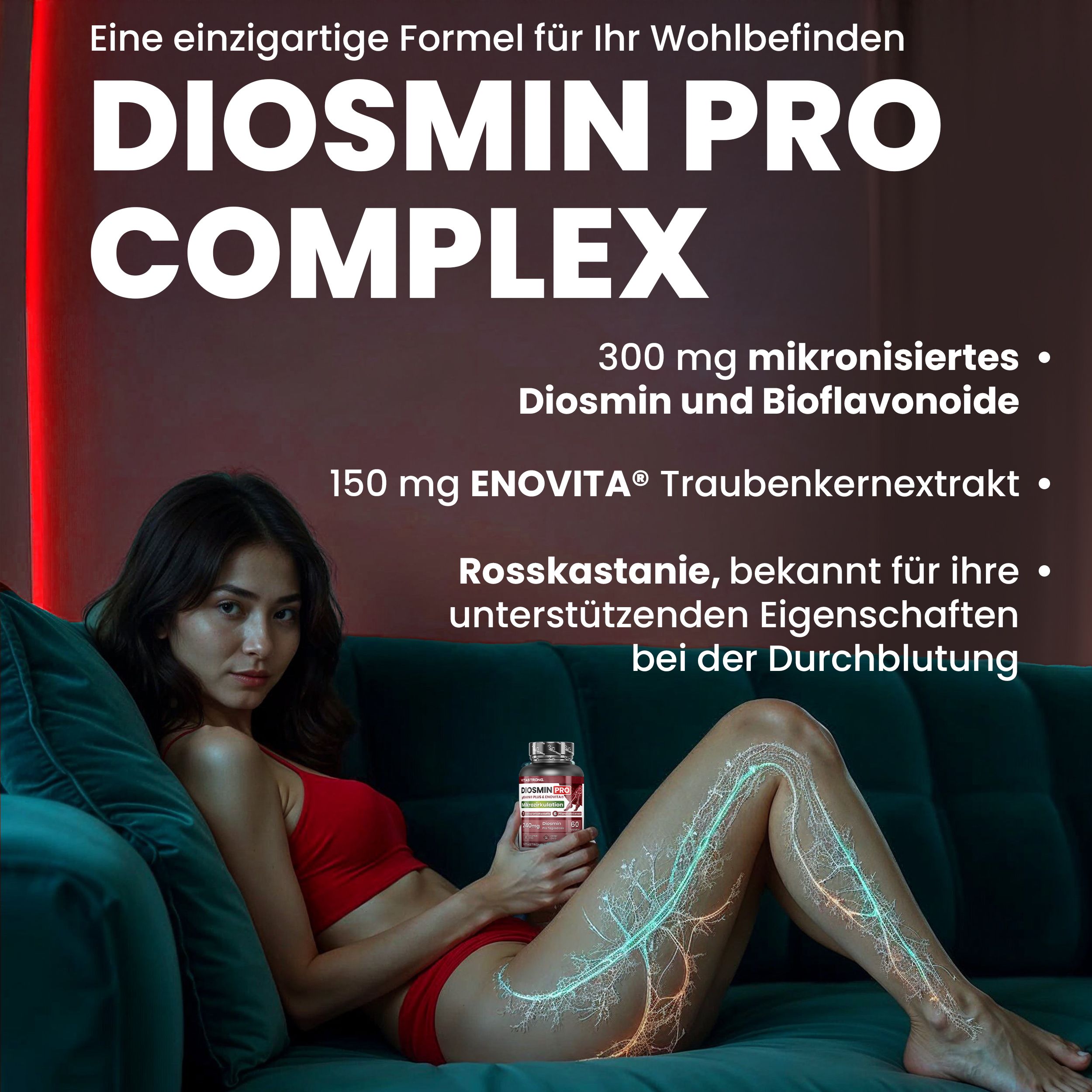 Vitastrong Diosmin PRO. Flasche mit Tabletten. Text: 7 Inhaltsstoffe, 6 Pflanzenextrakte, 240mg Diosmin, 60 Tabletten. Glutenfrei, ohne GVO.