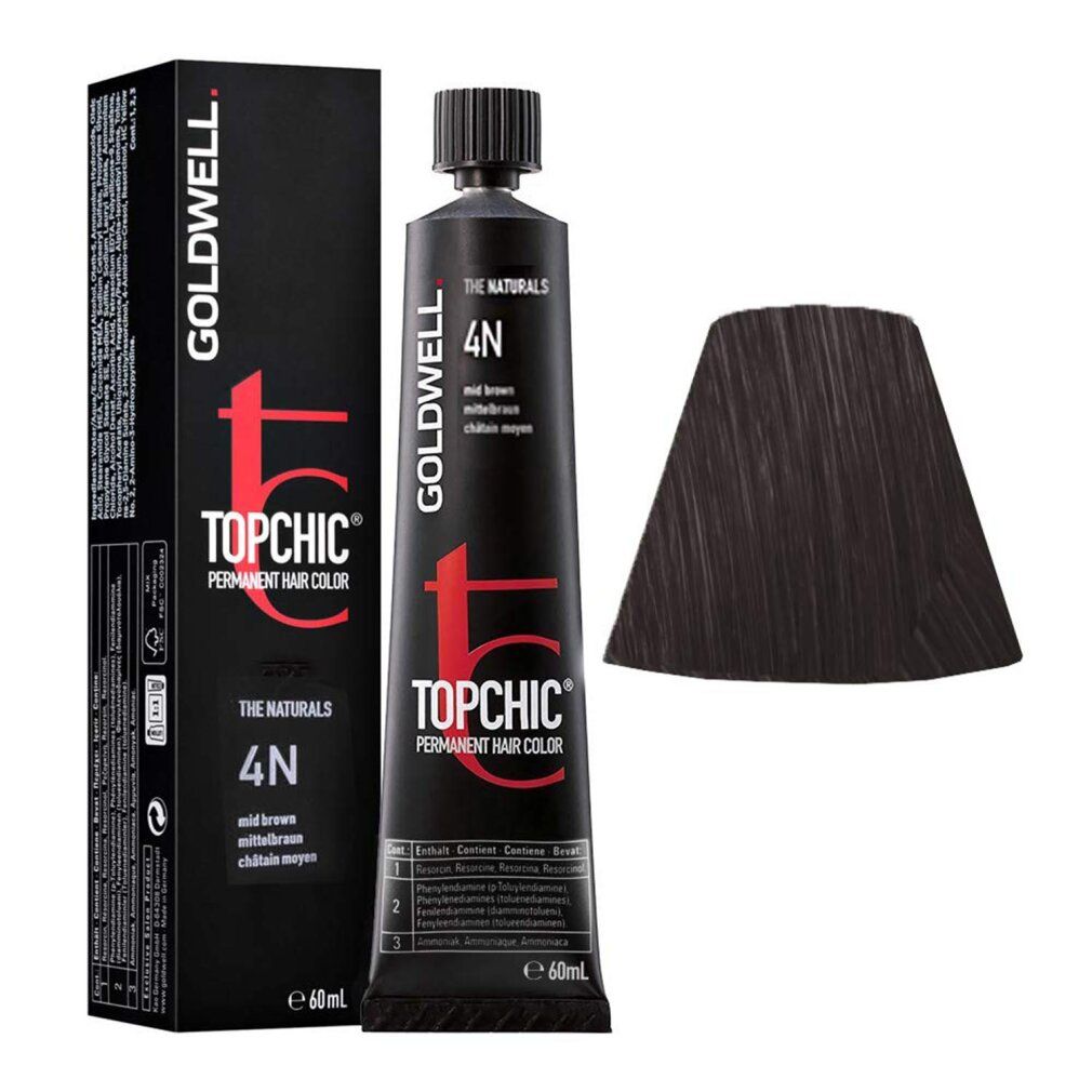 Goldwell Topchic 4-n. Schwarze Schachtel und Tube mit Produktinformationen und Farbmuster. Aufschrift: 4N, mittelbraun.