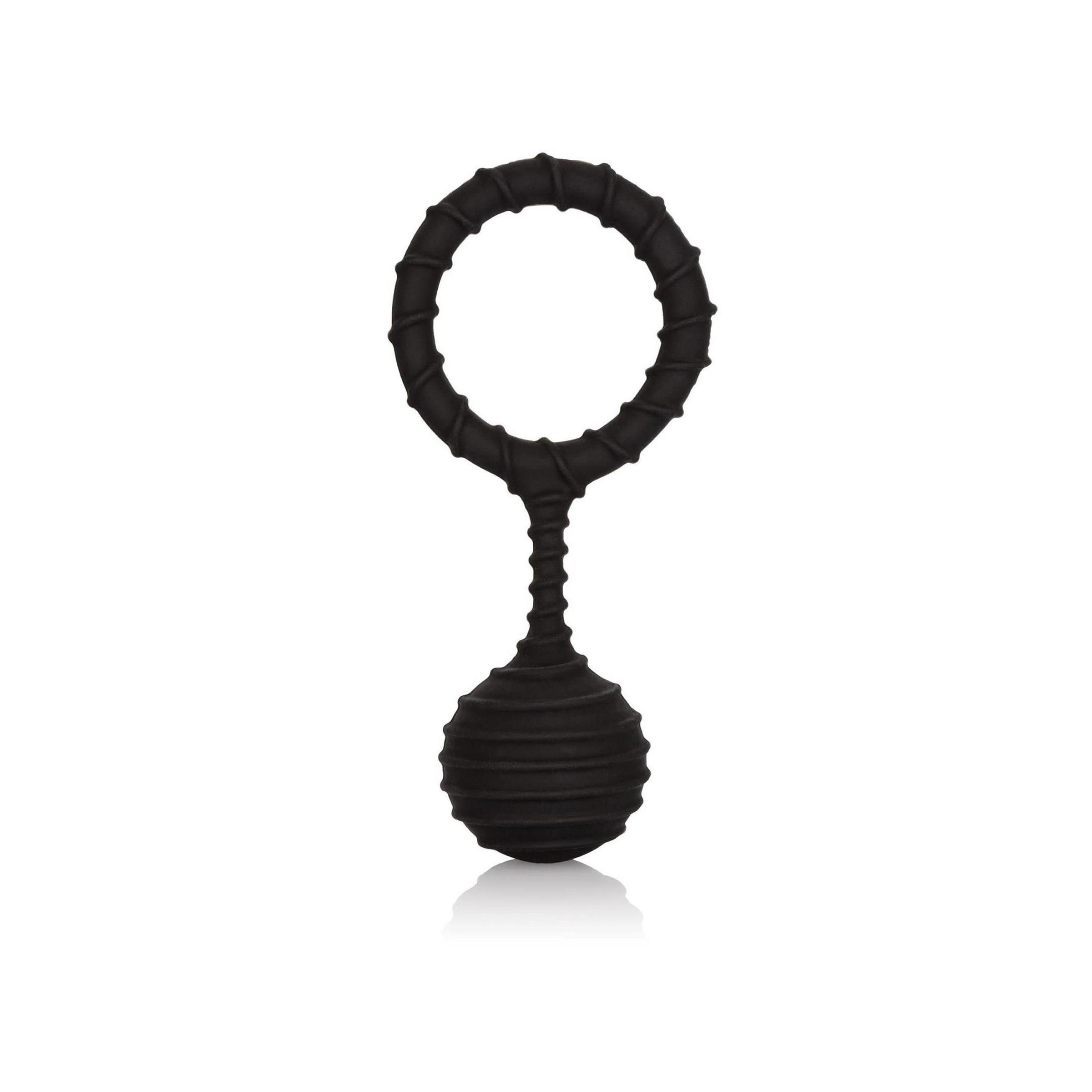 Schwarzer, geriffelter Ring mit Kugel. Aus Silikon. Der Ring ist mit einer Kugel verbunden.