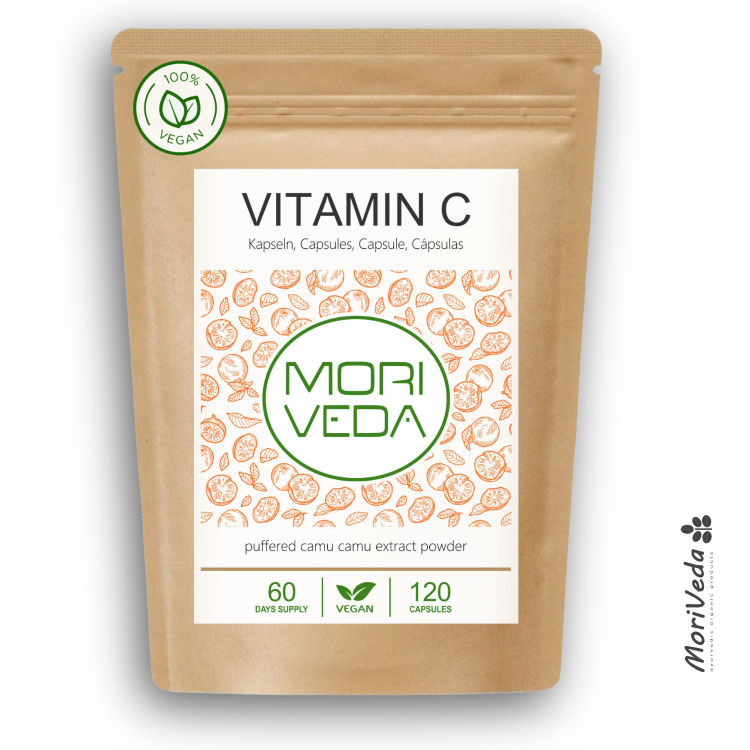 Moriveda Vitamin C Kapseln – gepuffert, sekundäre Pflanzenstoffe, Antioxidans, vegan